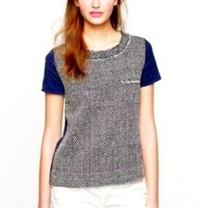 J.Crew Tweed Front Short Sleeve Silk Cotton Women Blouse Scoop Neck Classic L
